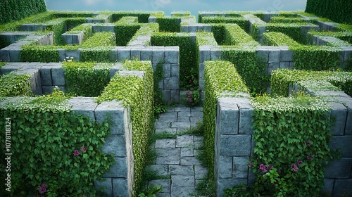 Intricate maze made of tall stone walls, overgrown with vines and flowers