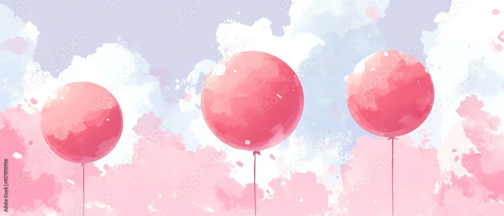 Pink balloons are floating in the sky