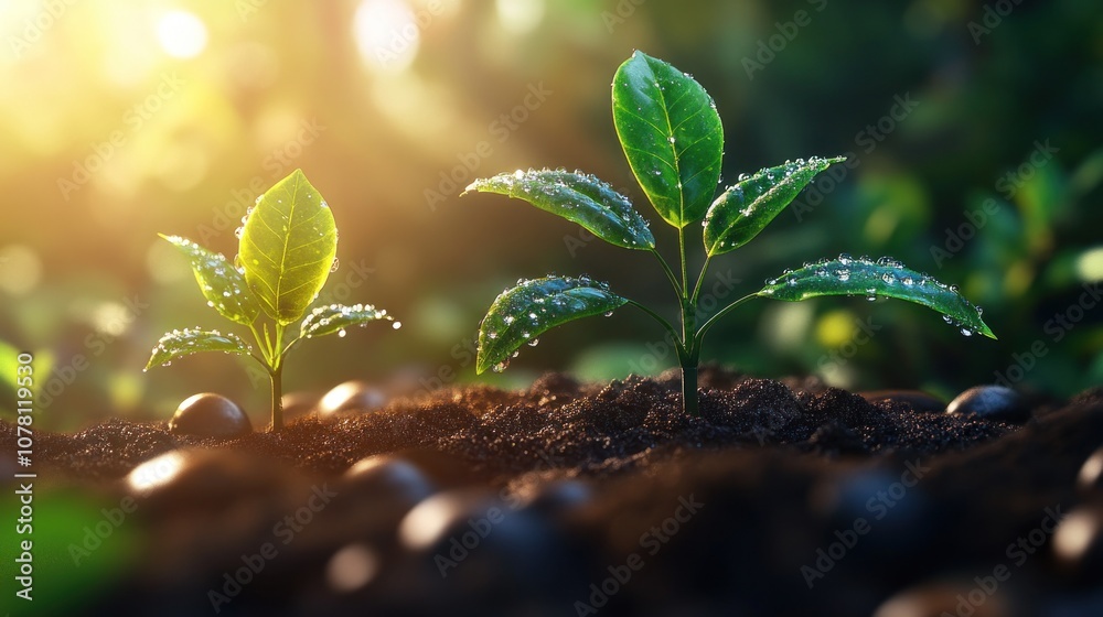 Two young green seedlings growing in soil with dew drops and sunlight shining through the background. Two young green seedlings growing in soil with dew drops and sunlight shining through the background.
