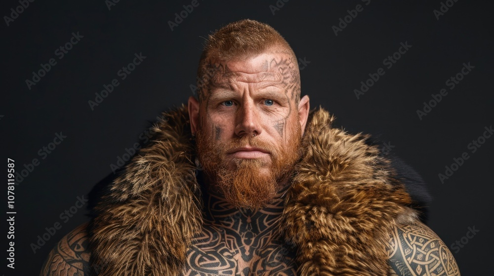A Viking chieftain gazes confidently at the camera, showcasing intricate tattoos and a luxurious fur cloak in dramatic lighting A Viking chieftain gazes confidently at the camera, showcasing intricate tattoos and a luxurious fur cloak in dramatic lighting