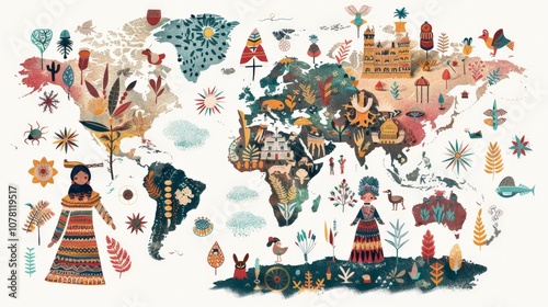 An illustrated map showcasing native textiles from different regions of the world