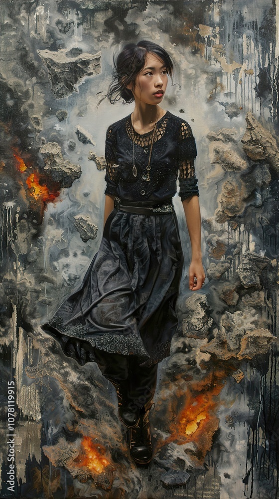Obraz premium Woman Walking Through Fire: A Surreal and Dramatic Portrait