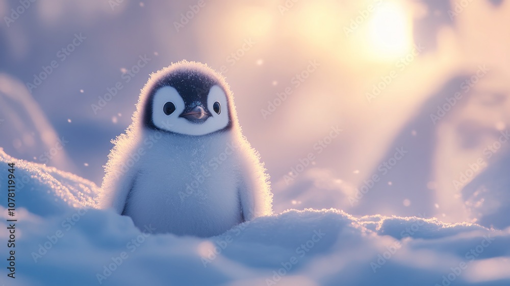 Obraz premium Adorable penguin chick standing in snowy landscape with soft, warm sunset light.
