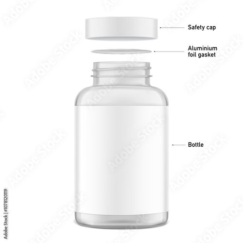 Clear eye-catching pill bottle with foil seal, safety cap mockup for supplements, vitamins, treats. Vector illustration isolated on white background. Mockup is ideal for health projects. EPS10.