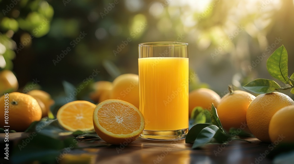 A glass of freshly squeezed orange juice surrounded by whole oranges and orange slices on a wooden table in the garden. A glass of freshly squeezed orange juice surrounded by whole oranges and orange slices on a wooden table in the garden.