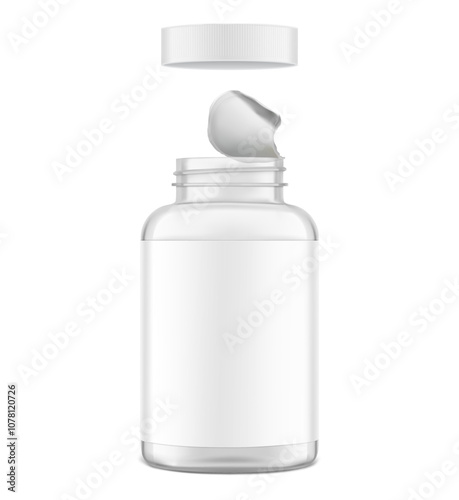 Clear eye-catching pill bottle with foil seal, safety cap mockup for supplements, vitamins, treats. Vector illustration isolated on white background. Mockup is ideal for health projects. EPS10.