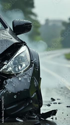 A damaged car sits on a wet road after an accident in the rain