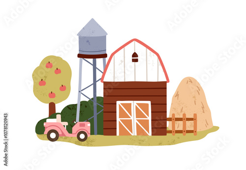 Farm buildings, barn shed and rural tower. Countryside construction, barnyard...