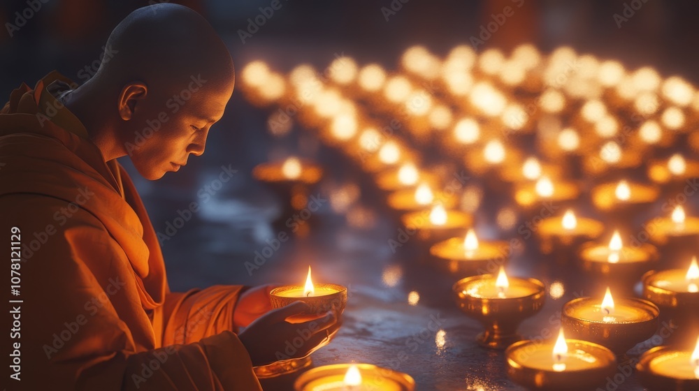 A monk offers prayers by candlelight, surrounded by a sea of flickering lamps, creating a serene and meditative atmosphere. A monk offers prayers by candlelight, surrounded by a sea of flickering lamps, creating a serene and meditative atmosphere.