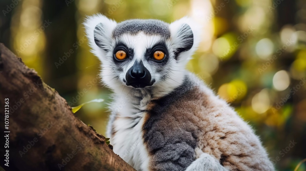 Fototapeta premium A close-up of a lemur perched on a branch, showcasing its striking orange eyes and fur.