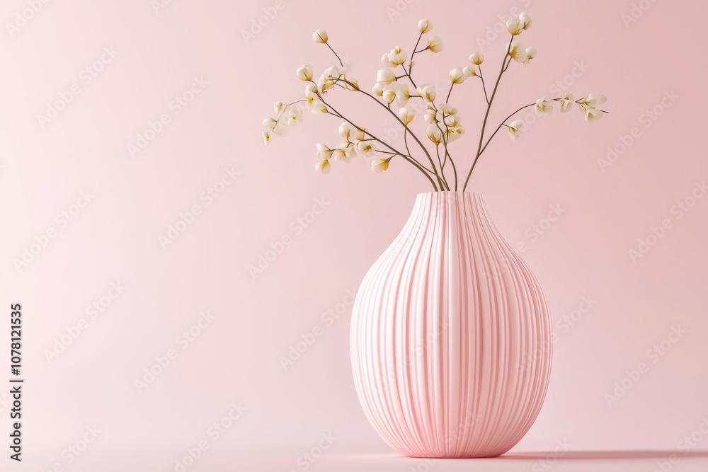 A pink vase with delicate white flowers against a soft pink background. A pink vase with delicate white flowers against a soft pink background.