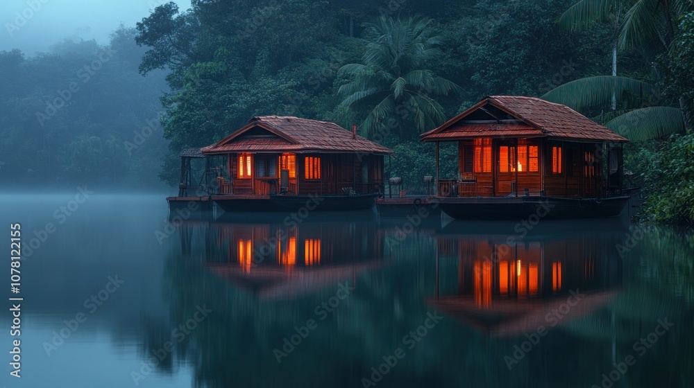 Fototapeta premium Two wooden houses on a lake at dusk with mist and reflections.