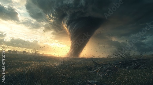 A powerful tornado spinning over a flat prairie field, dark clouds swirling at the top with a touch of sunlight breaking through, debris swirling at the base, shot in high definition, highly realistic