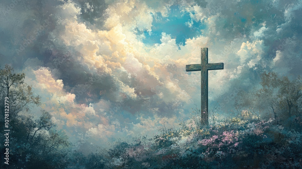 Fototapeta premium A peaceful scene of a cross with soft clouds and a serene landscape, symbolizing the peace of Jesus
