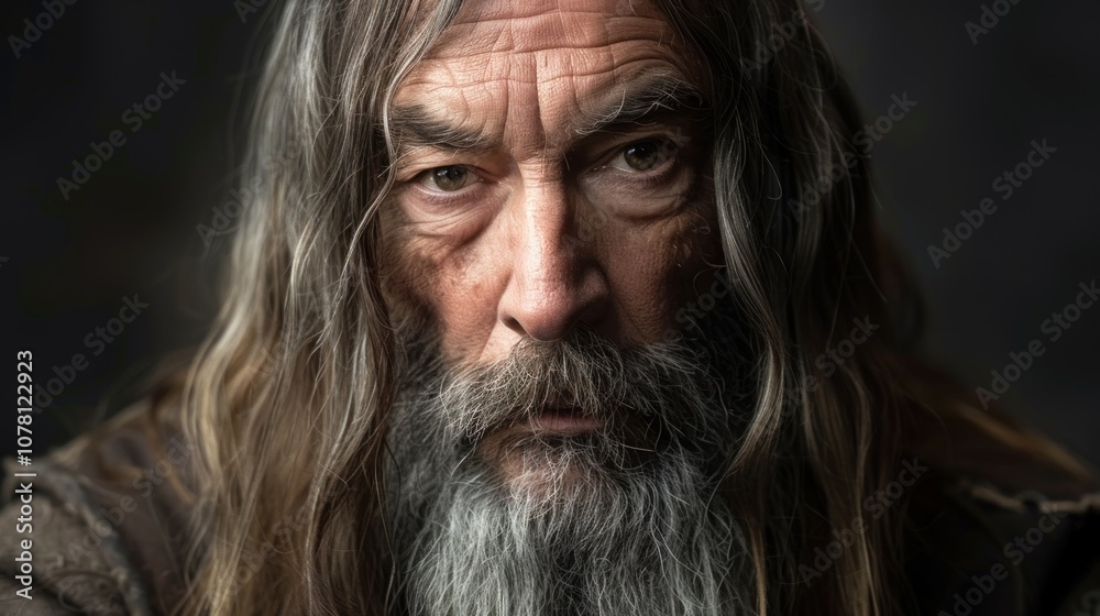 A Viking man with long hair and a fierce expression stands confidently in a dark setting, embodying strength and wilderness A Viking man with long hair and a fierce expression stands confidently in a dark setting, embodying strength and wilderness