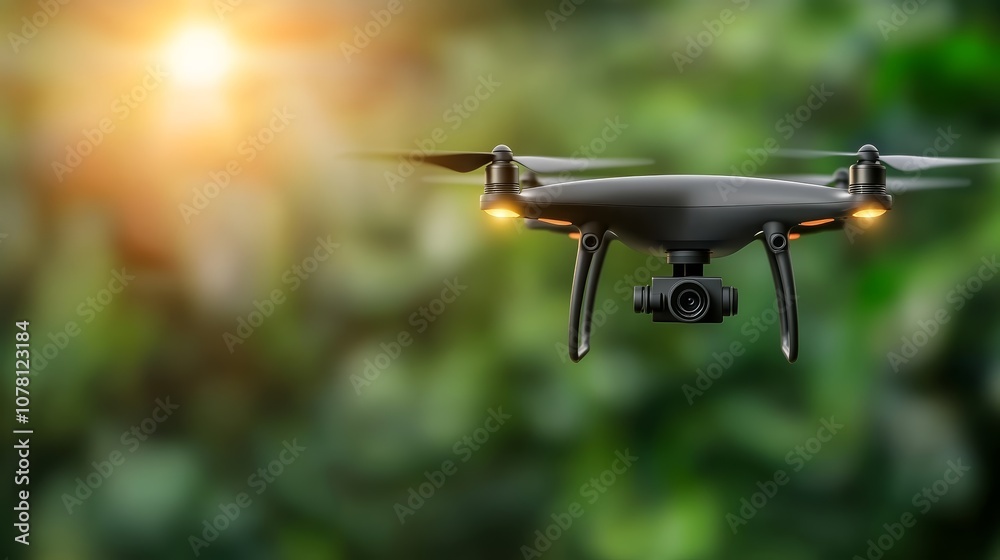 Black drone in flight, aerial photography and videography over a green forest, exploring the intersection of technology nature Black drone in flight, aerial photography and videography over a green forest, exploring the intersection of technology nature