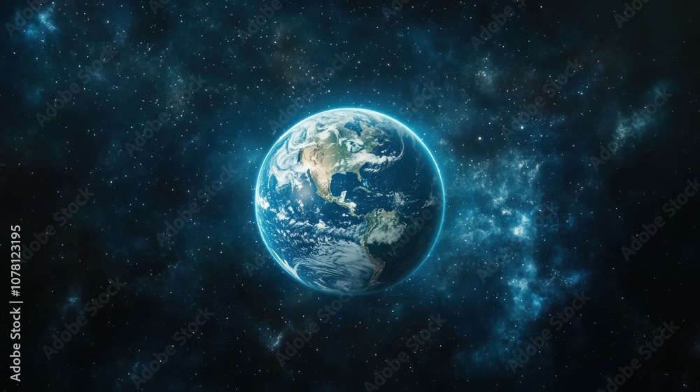 A realistic depiction of planet Earth from space, with a nebula in the background and stars scattered across the dark sky. A realistic depiction of planet Earth from space, with a nebula in the background and stars scattered across the dark sky.