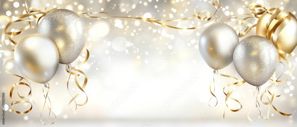 A banner with gold and silver balloons and gold ribbons A banner with gold and silver balloons and gold ribbons