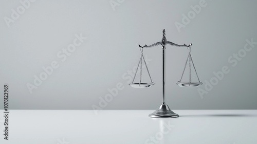 Delicately balanced scales of justice in silver, resting on a minimalist white background, embodying clarity and impartiality within the legal realm