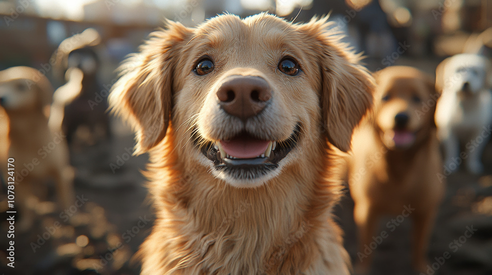 Obraz premium calm golden retriever smiles joyfully in playful dog park scene, surrounded by other dogs. warm sunlight enhances cheerful atmosphere