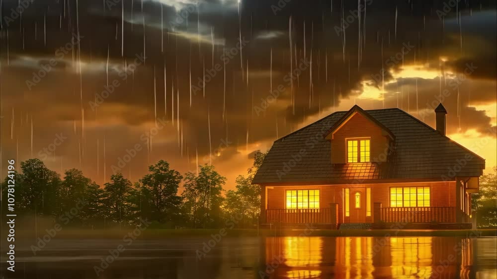 A cozy wooden house illuminated at dusk, surrounded by trees, with rain falling and dramatic clouds in the sky. A cozy wooden house illuminated at dusk, surrounded by trees, with rain falling and dramatic clouds in the sky.