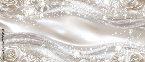 A white background with a silver ribbon and a row of white roses