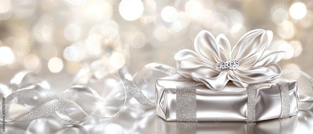 A silver box with a white ribbon and a flower on top A silver box with a white ribbon and a flower on top