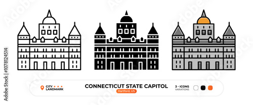 Connecticut State Capitol Line Icon. Hartford, Us Color Symbol, Silhouette, Sign, Editable Stroke.