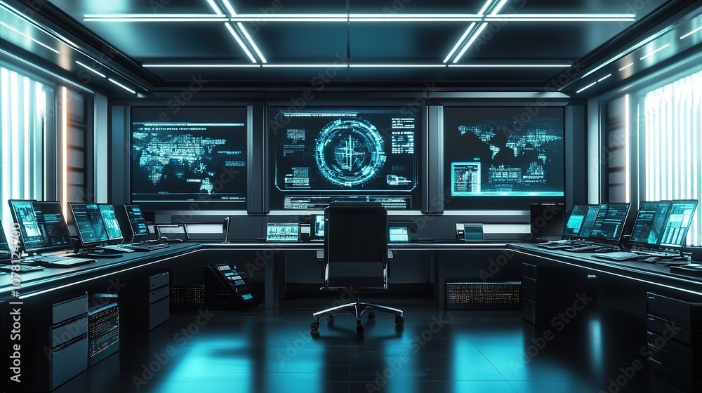 Fototapeta premium Futuristic control room with advanced digital screens and interf