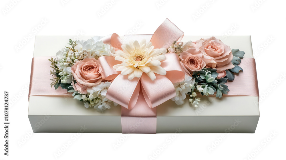 Elegantly wrapped gift box adorned with delicate flowers and a pink ribbon. Perfect for special occasions and celebrations., transparent background