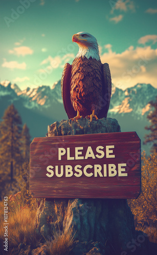 An eagle holding a board that says please subscribe generated by AI