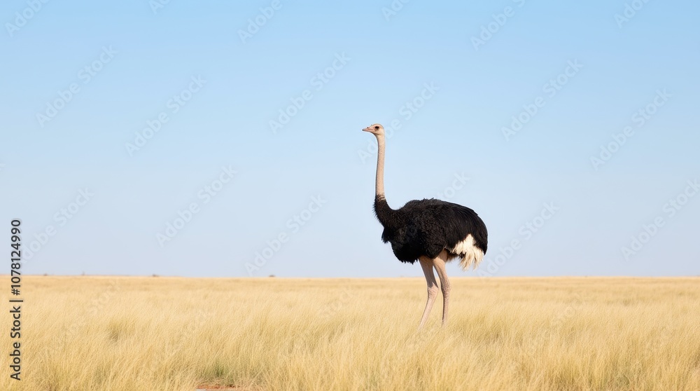 Naklejka premium Ostrich Standing in Vast Open Savannah Landscape