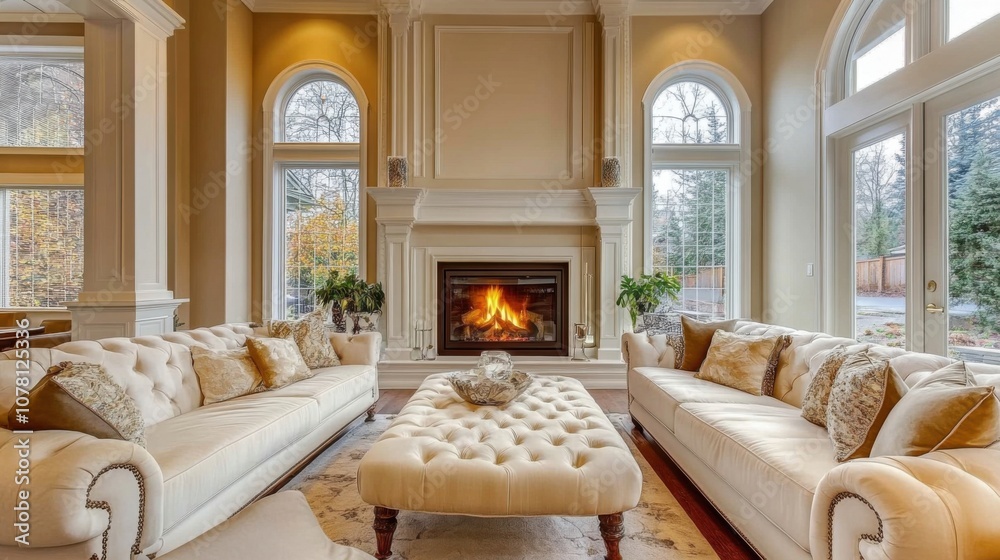Fototapeta premium Elegant living room with stylish furniture and fireplace