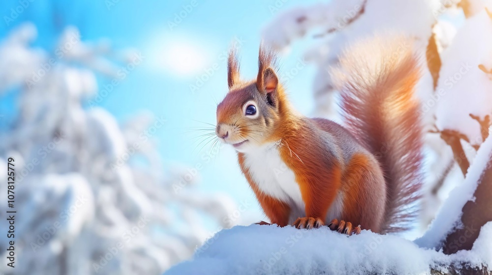 A squirrel perched on a snow-covered branch in a winter landscape, showcasing its vibrant fur. A squirrel perched on a snow-covered branch in a winter landscape, showcasing its vibrant fur.