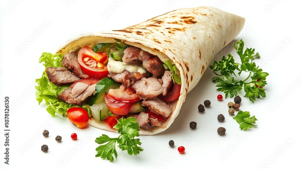 A taco with meat, onions, tomatoes, and parsley. On white background A taco with meat, onions, tomatoes, and parsley. On white background
