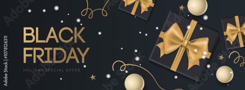 Festive Black Friday surprise banner. Top view black gift box, adorned with vibrant gold ribbon, surrounded by golden star-shaped confetti, vector illustration