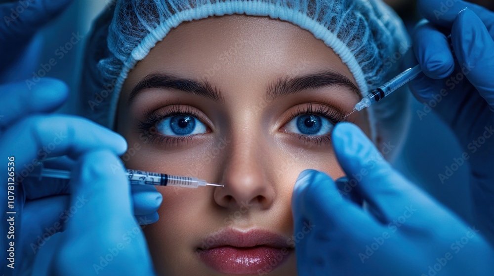 A close-up of a woman receiving cosmetic injections in a clinical setting. A close-up of a woman receiving cosmetic injections in a clinical setting.