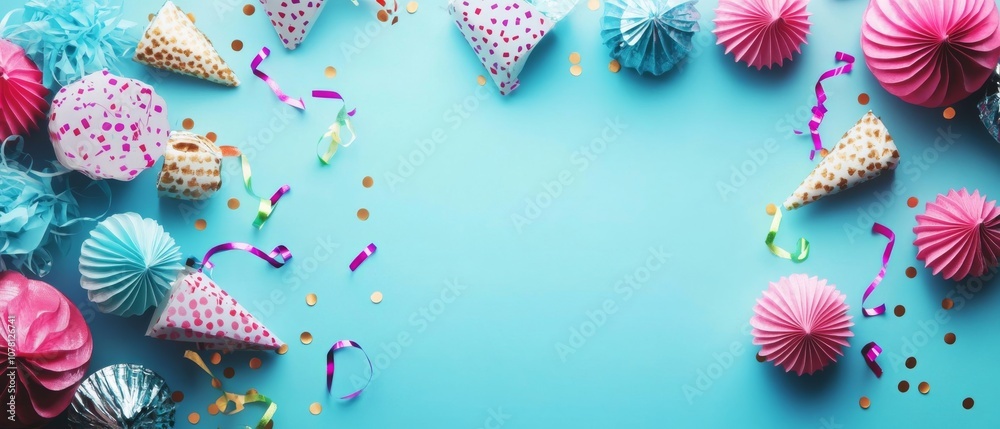 Fototapeta premium A blue background with a bunch of party decorations including paper cones