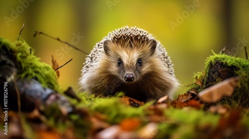 A close-up of a hedgehog in a forest setting surrounded by autumn leaves and moss.