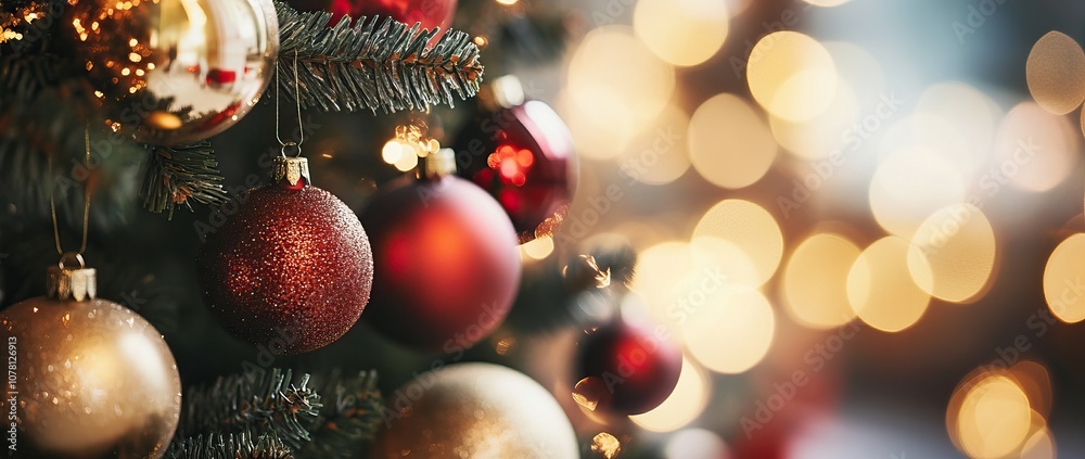A festive Christmas tree with red and gold ornaments against a bokeh background A festive Christmas tree with red and gold ornaments against a bokeh background