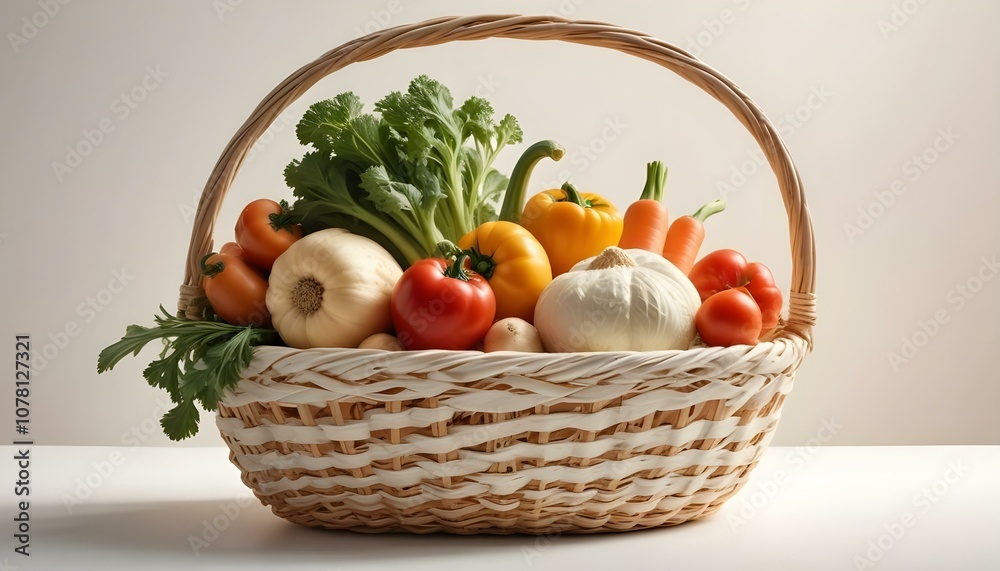 A white wicker basket filled with fresh vegetables, including broccoli, bell peppers, tomatoes, carrots, celery, onions, and a butternut squash. A white wicker basket filled with fresh vegetables, including broccoli, bell peppers, tomatoes, carrots, celery, onions, and a butternut squash.