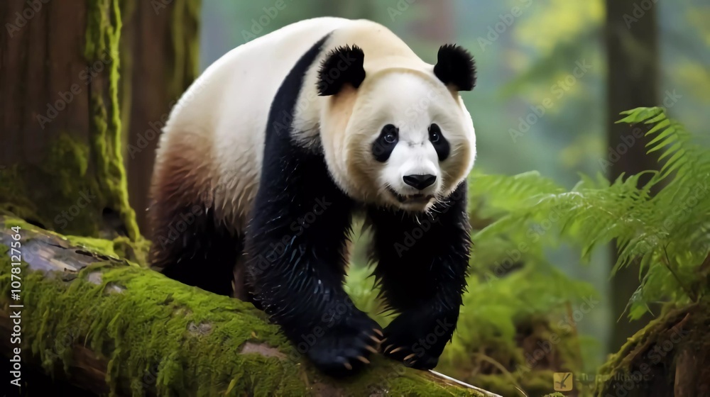 Fototapeta premium A giant panda walking on a mossy log in a lush forest, showcasing its natural habitat.
