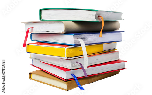 Stack of Textbooks with Bookmarks on white background