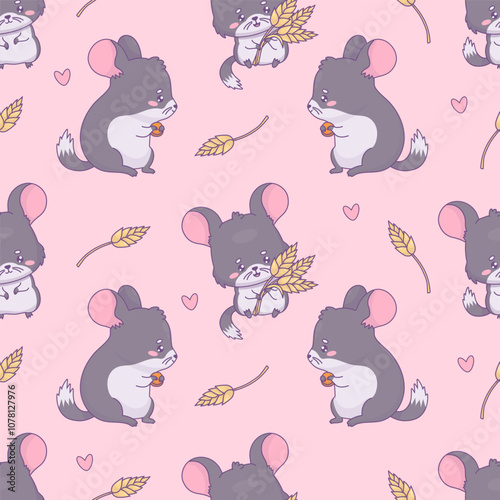 Seamless pattern with cute chinchilla on pink background with spikelets. Funny cartoon kawaii animal rodent character. Vector illustration. Kids collection
