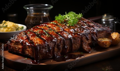 Juicy Beef Brisket With Barbecue Sauce and Parsley Garnish