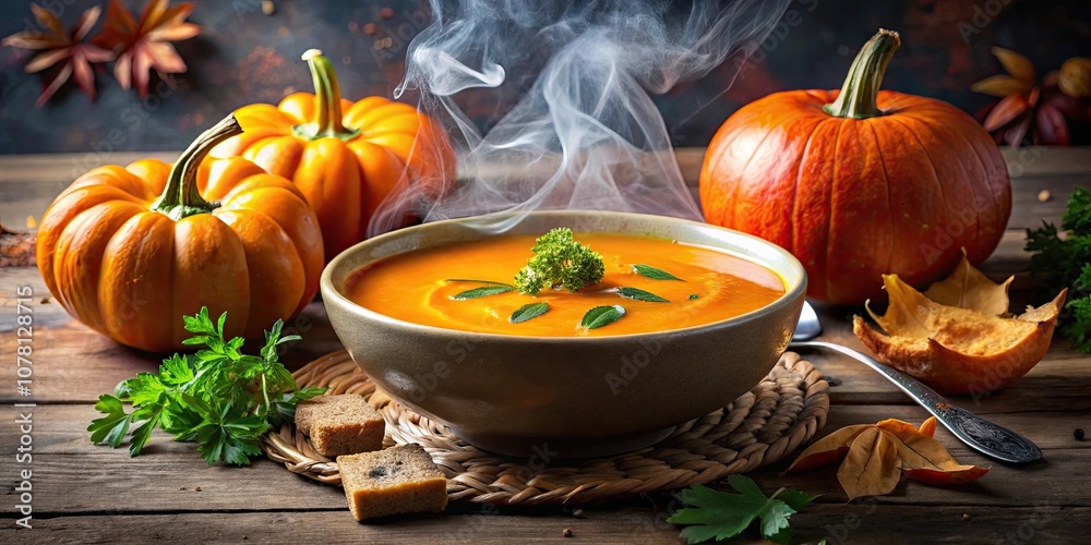 Steaming pumpkin soup garnished with parsley surrounded by Halloween decoration, pumpkin, soup, parsley, steaming, Halloween, decoration Steaming pumpkin soup garnished with parsley surrounded by Halloween decoration, pumpkin, soup, parsley, steaming, Halloween, decoration