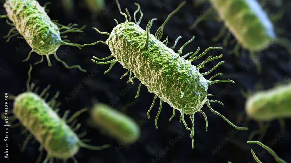 Naklejka premium Close-up view of bacteria with flagella in a microscopic environment.