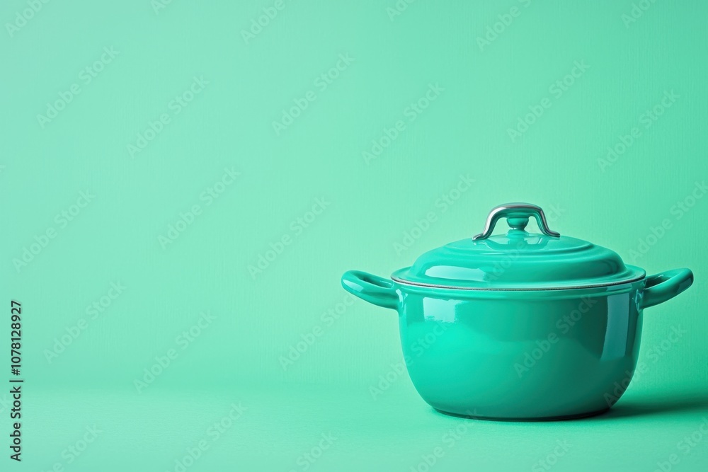 A turquoise pot with a lid sits against a mint green background, emphasizing simplicity. A turquoise pot with a lid sits against a mint green background, emphasizing simplicity.