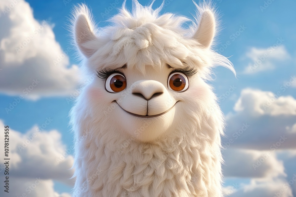 Fototapeta premium Close-up Portrait of a Smiling White Alpaca with Brown Eyes