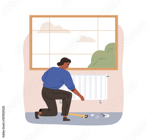 Radiator installation. Worker installing heating system, checking, fixing and repairing. Professional service, performing heater maintenance. Flat vector illustration isolated on white background